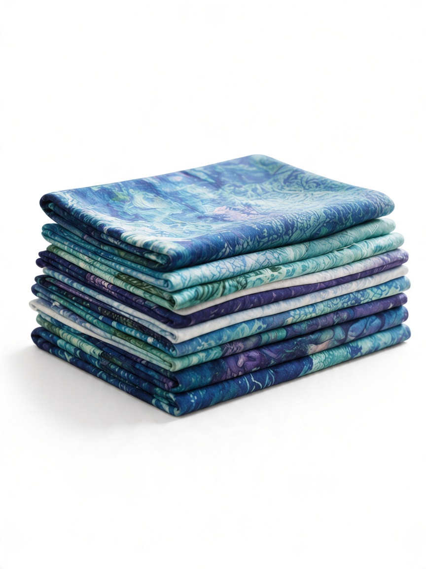 Carmon's Quilt Shop Coral Reef fat quarter bundle featuring blue and teal ocean-themed cotton quilting fabrics.