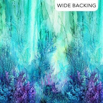 Carmon's Quilt Shop Coral Reef wide backing fabric in turquoise multi, 100% cotton, 108" x 108". Features underwater coral and sea life.