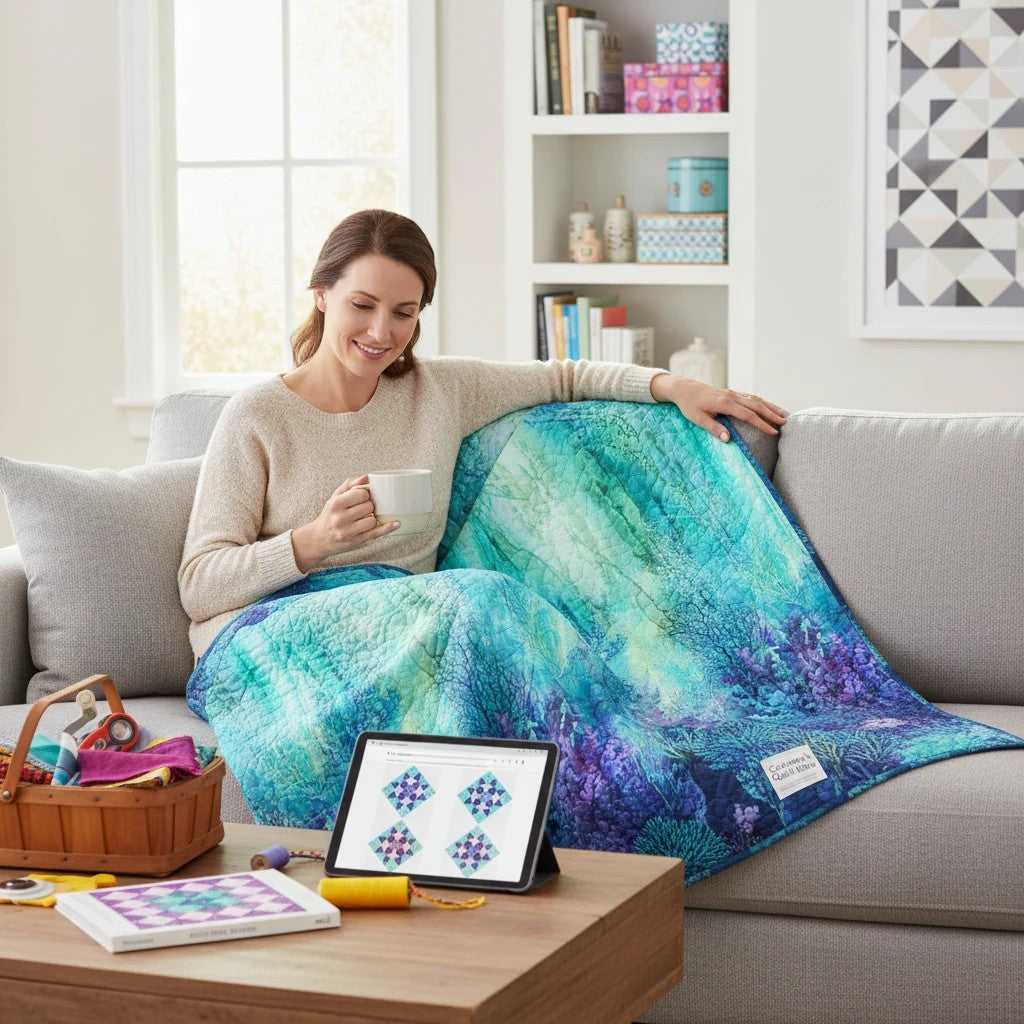 Carmon's Quilt Shop Coral Reef wide backing fabric in turquoise multi, 100% cotton, 108" x 108".