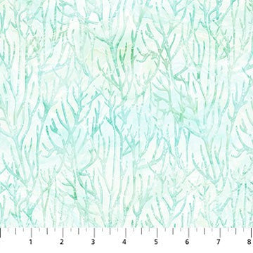 Carmon's Quilt Shop Coral Reef fabric by Northcott featuring a light green and white coral pattern for quilting.