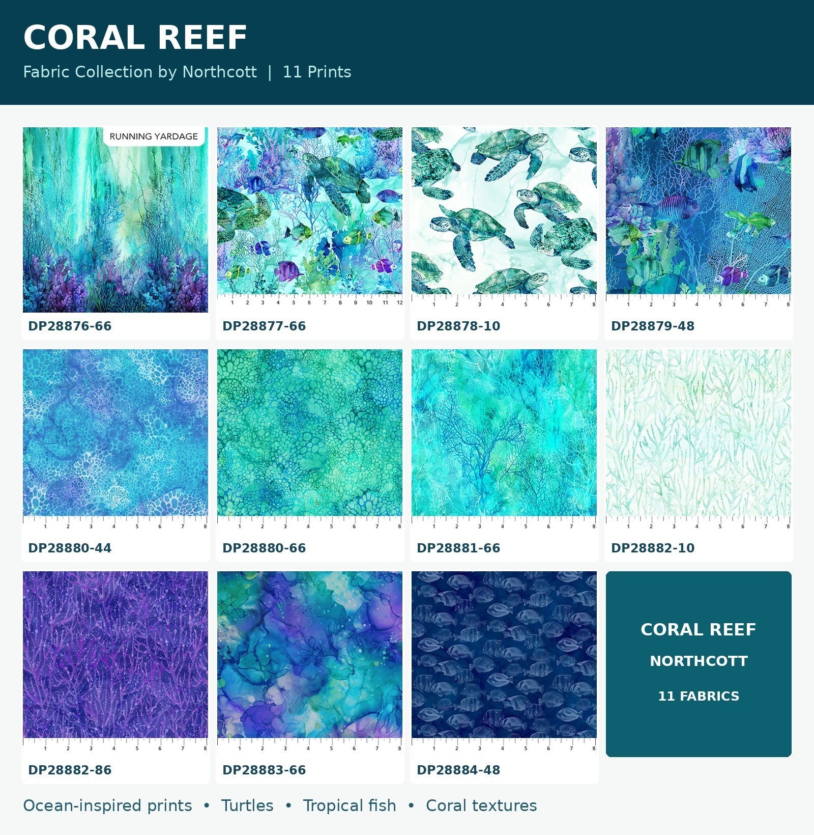 Carmon's Quilt Shop Coral Reef fat quarter bundle featuring 11 ocean-themed cotton fabrics with turtles and coral.