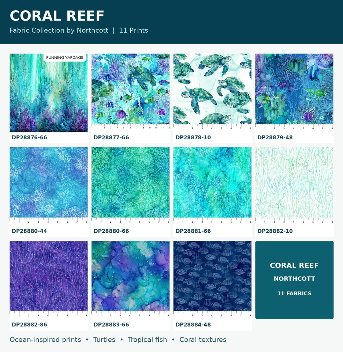 Carmon's Quilt Shop Coral Reef fat quarter bundle featuring 11 ocean-themed cotton fabrics with turtles and coral.