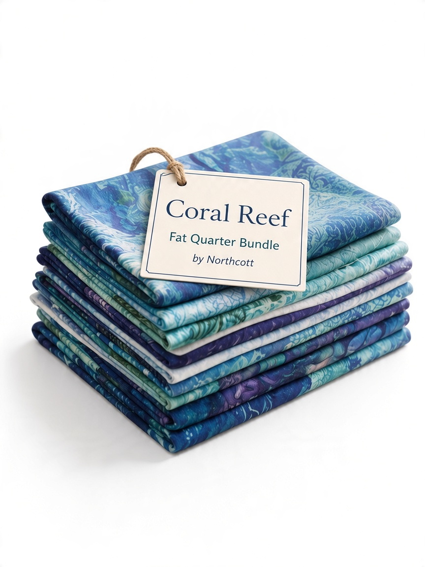 Carmon's Quilt Shop Coral Reef fat quarter bundle featuring blue and teal ocean-themed cotton fabrics for quilting.