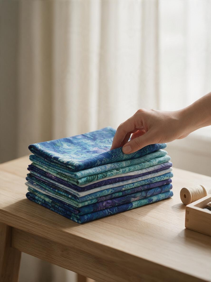 Carmon's Quilt Shop Coral Reef fat quarter bundle featuring blue and teal ocean-themed cotton fabrics for quilting.