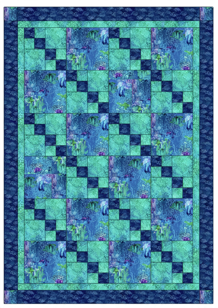 Carmon's Quilt Shop Coral Reef quilt kit featuring blue and aqua sea turtle and fish fabric in a patchwork design.