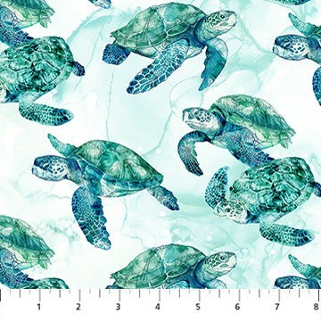 Carmon's Quilt Shop Coral Reef fabric by Northcott featuring detailed sea turtles in teal and blue on white