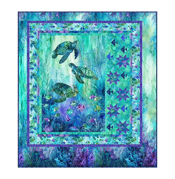 Carmon's Quilt Shop Coral Reef Star Fish quilt kit featuring sea turtles and vibrant blue and purple ocean fabrics.