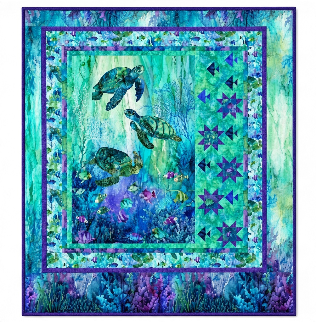 Carmon's Quilt Shop Coral Reef Star Fish quilt kit featuring sea turtles and vibrant blue and purple ocean fabrics.