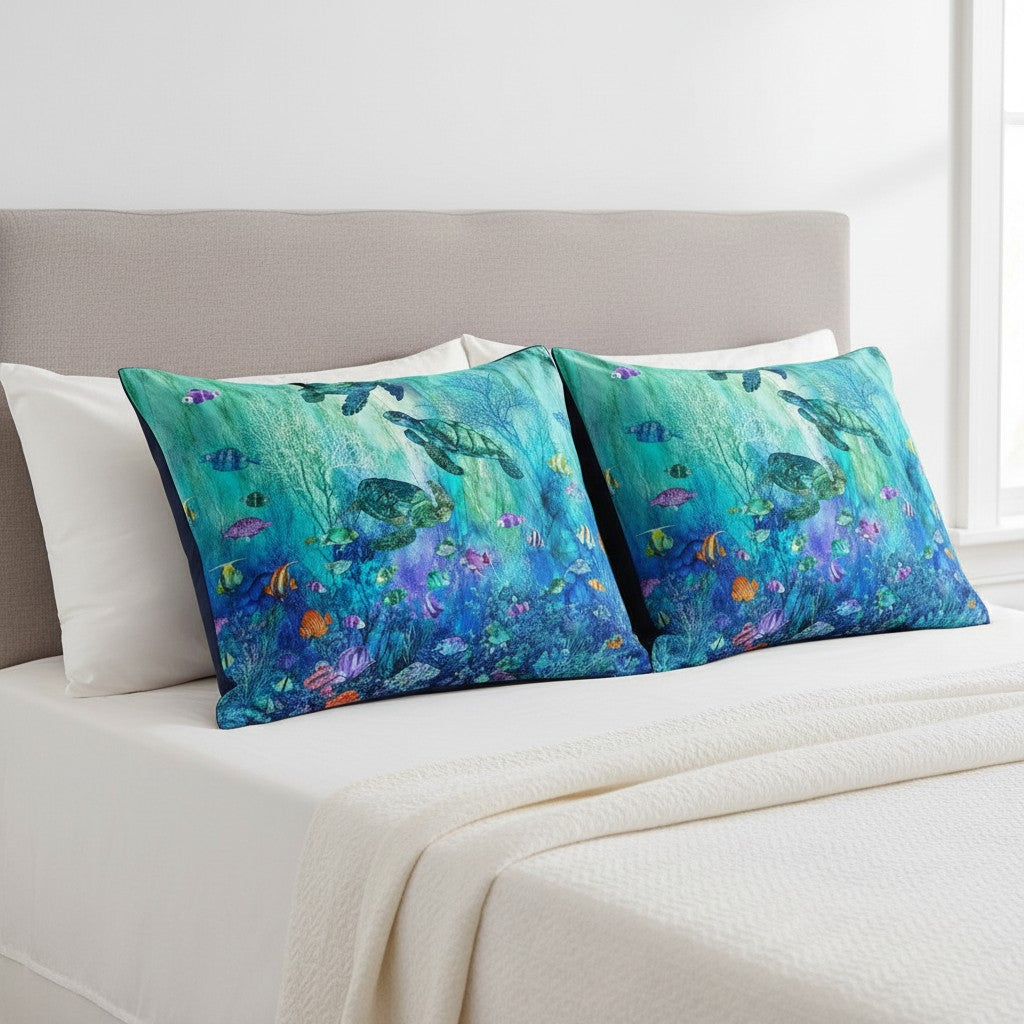 Carmon's Quilt Shop navy blue tote bag with a vibrant coral reef scene featuring sea turtles and colorful fish.