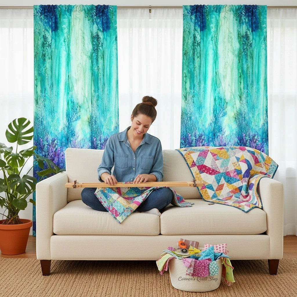 Carmon's Quilt Shop Coral Reef turquoise multi 100% cotton fabric, 3 yards, 108" x 108", designed by Deborah Edwards & Melanie Samra.