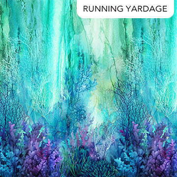 Carmon's Quilt Shop Coral Reef turquoise ombre fabric with detailed coral and fish print for quilting projects.