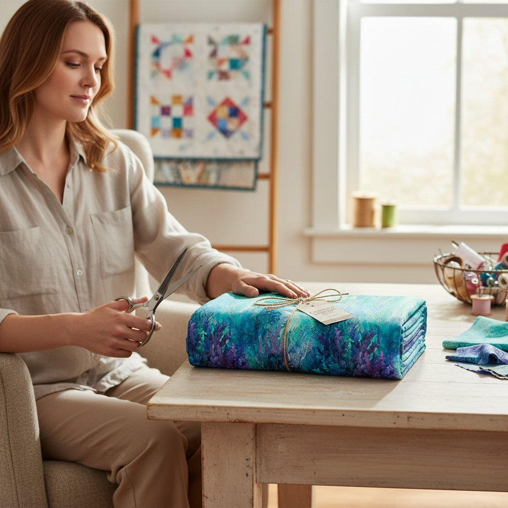Carmon's Quilt Shop Coral Reef turquoise multi 108" wide 100% cotton fabric with underwater coral reef design.