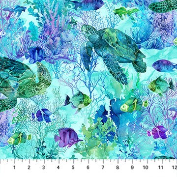 Carmon's Quilt Shop Coral Reef fabric featuring sea turtles and colorful fish in blue, green, and purple watercolor