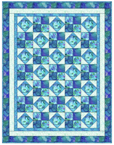 Carmon's Quilt Shop Coral Sea Span baby quilt kit featuring blue and teal cotton fabric in a square block pattern