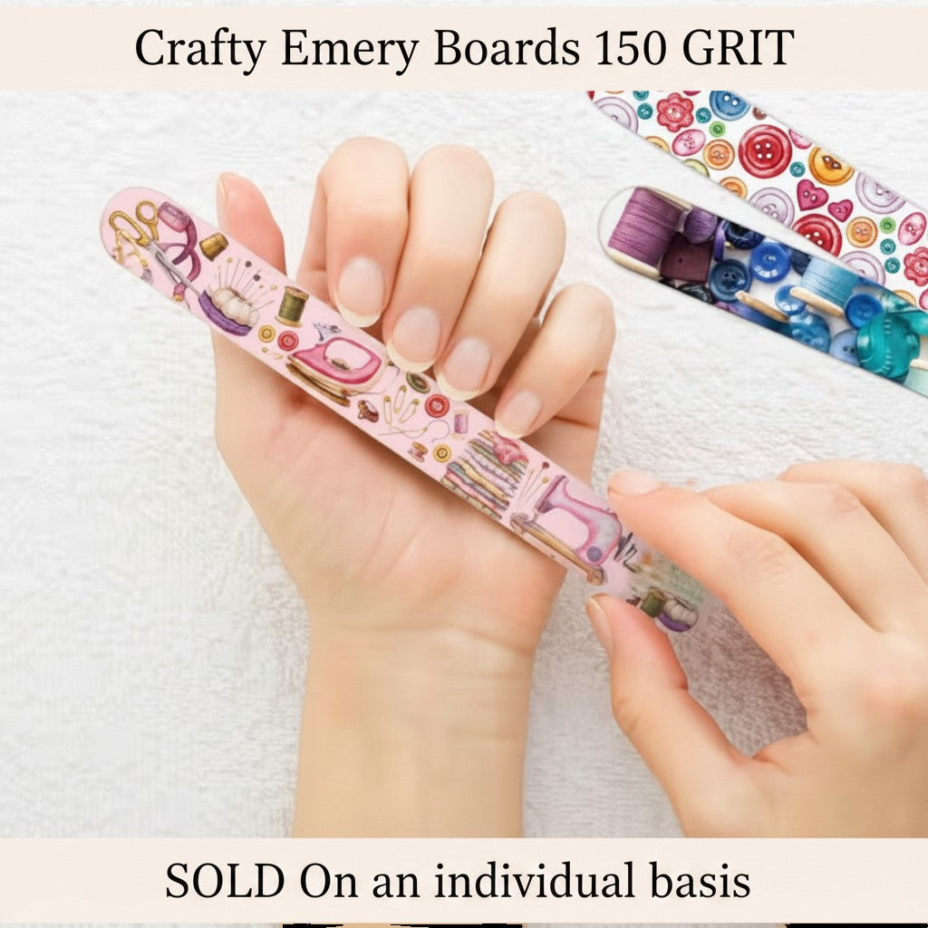 Carmon's Quilt Shop The Gypsy Quilter Crafty Emery Board with sewing themed print being held by a hand