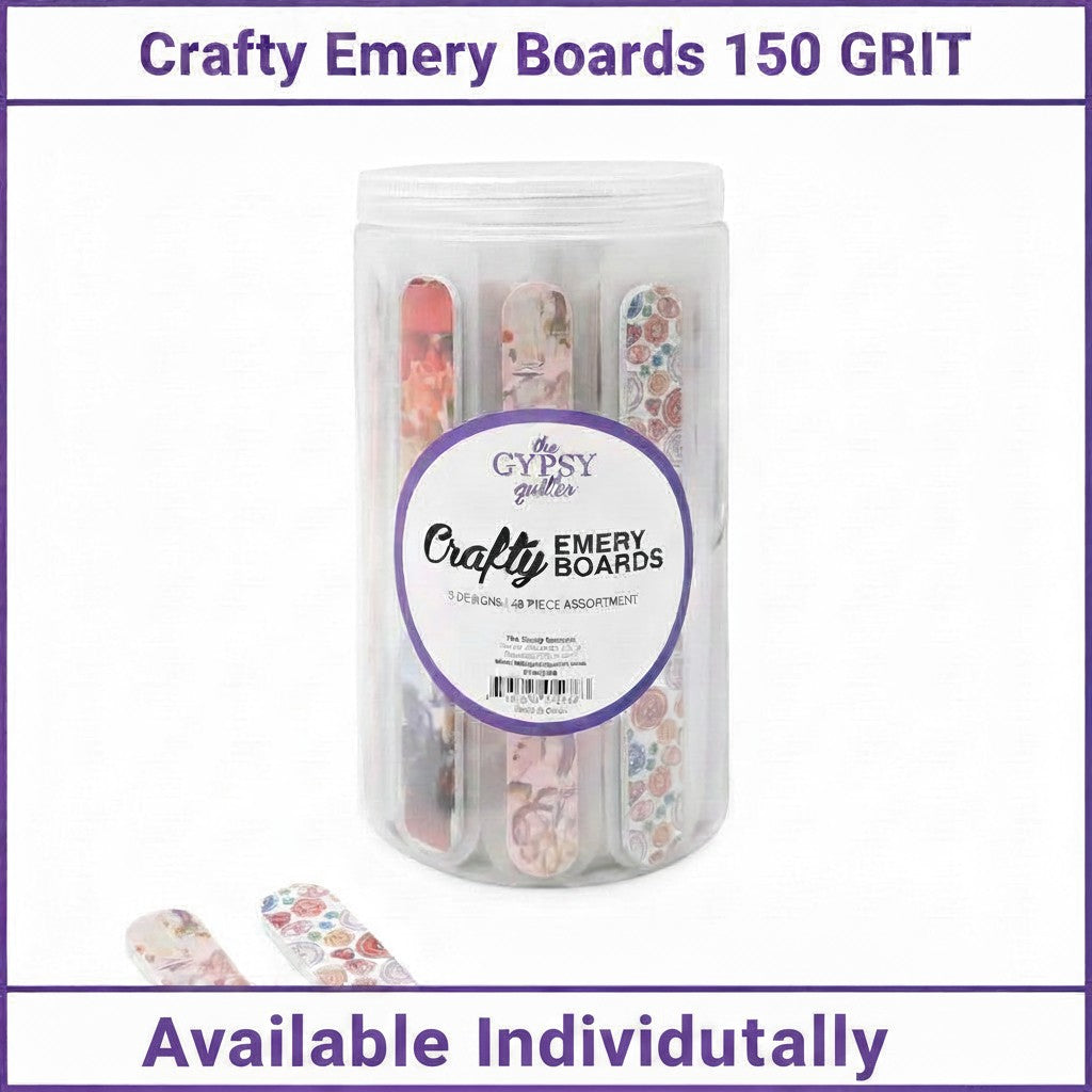 Carmon's Quilt Shop The Gypsy Quilter Crafty Emery Boards in a clear storage jar with assorted floral patterns