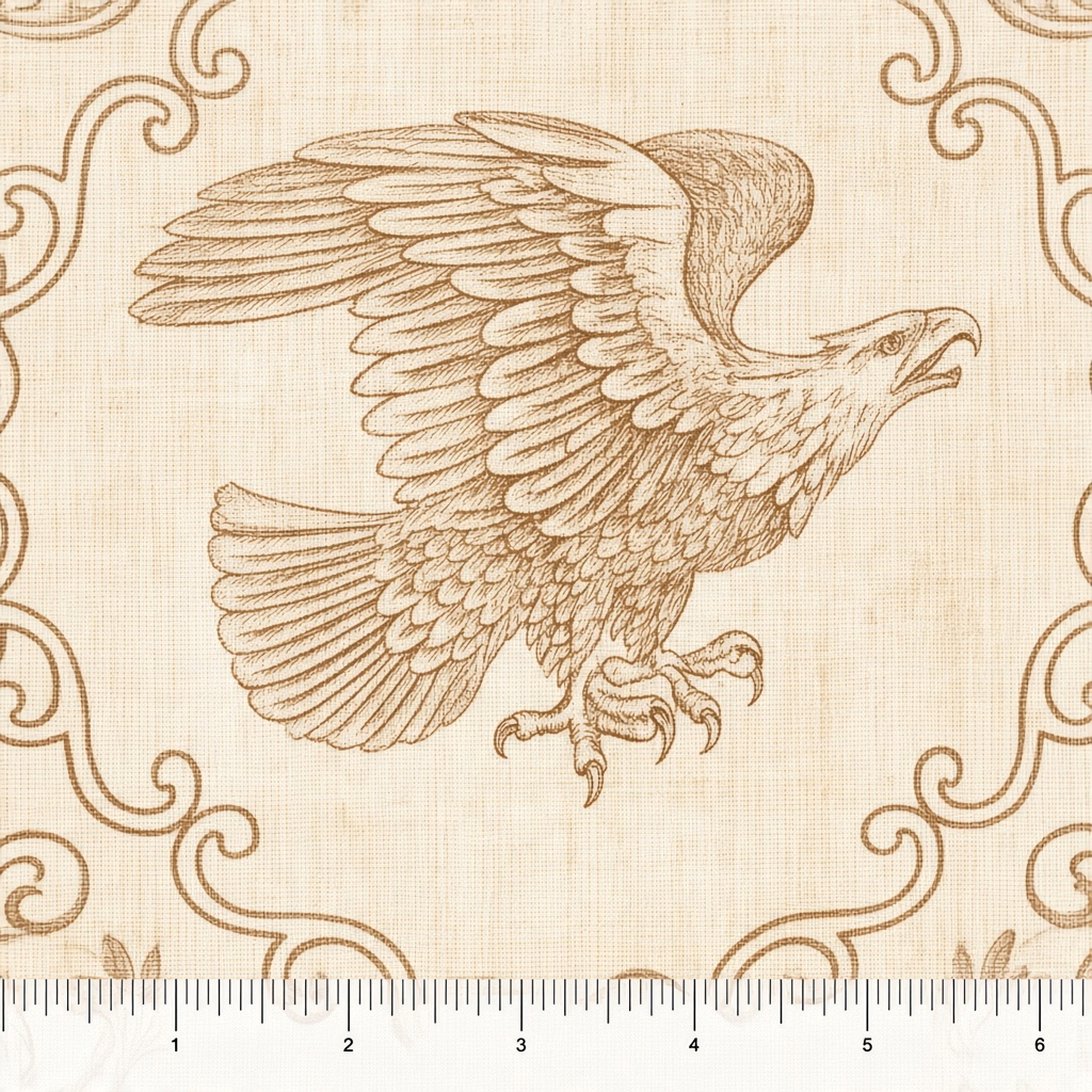 Carmon's Quilt Shop American Heritage cream cotton fabric featuring a vintage eagle graphic and scrollwork border.
