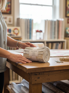 Carmon's Quilt Shop Light As Air 2.5 inch cream cotton jelly roll fabric strips on a wooden table in a quilt shop