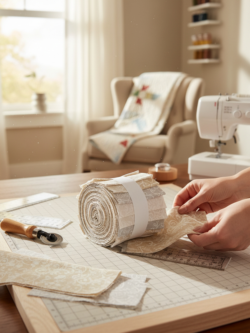 Carmon's Quilt Shop Light As Air cream jelly roll fabric strips on a cutting mat with a rotary cutter and sewing machine