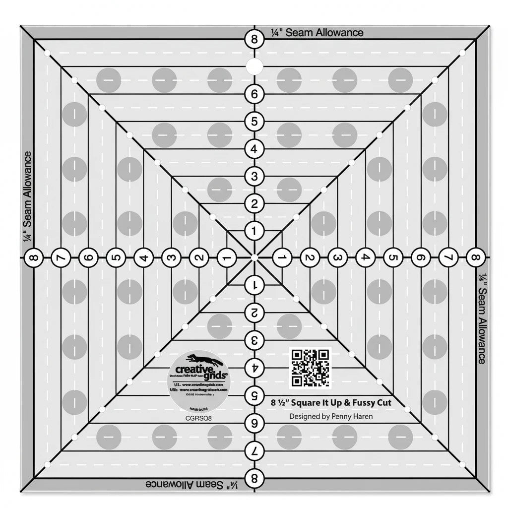 Carmon's Quilt Shop Creative Grids 8.5in square quilting ruler with clear acrylic, black markings, and diagonal lines for fussy cutting.