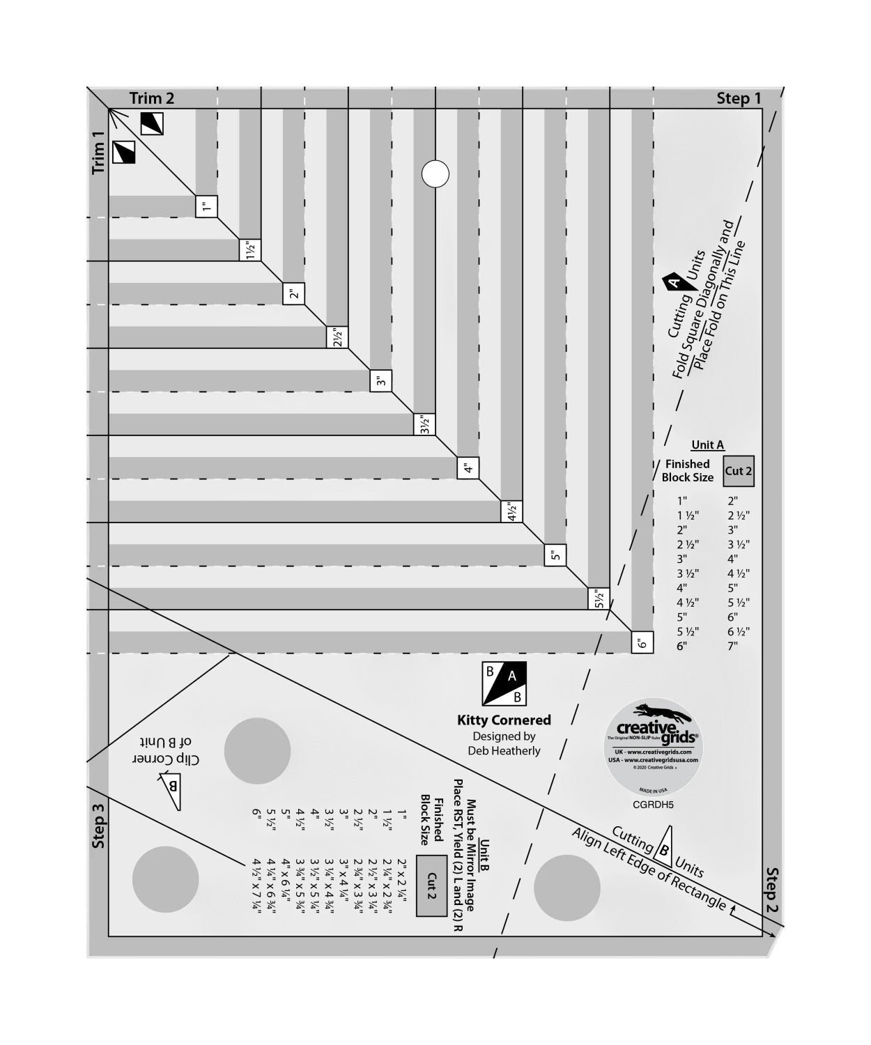 Carmon's Quilt Shop Creative Grids Kitty Cornered quilting ruler, 11" x 11", clear acrylic with black markings for precise cuts.