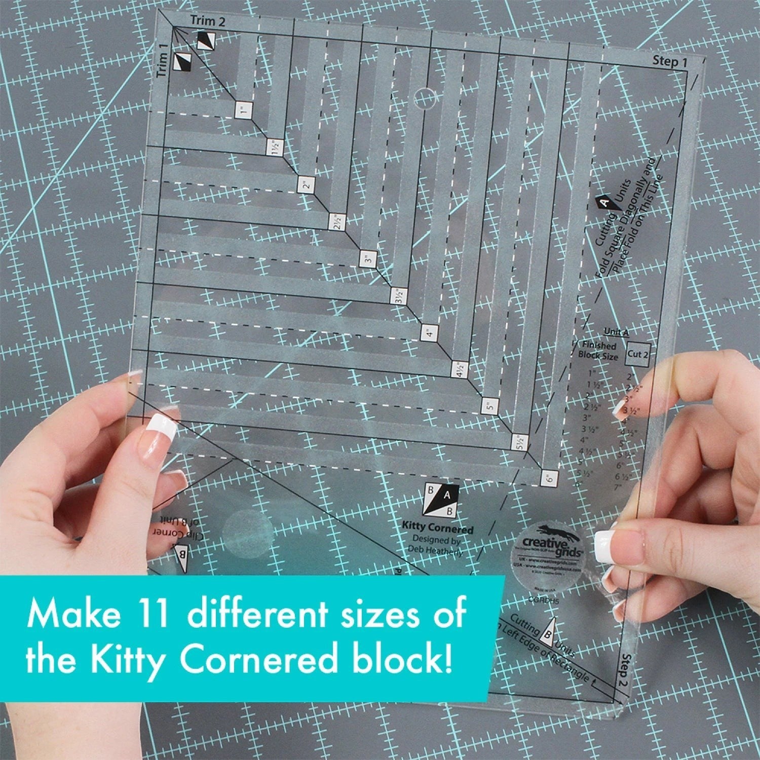 Carmon's Quilt Shop Creative Grids Kitty Cornered quilting ruler, 11" x 11" clear acrylic with black markings for precise cuts.