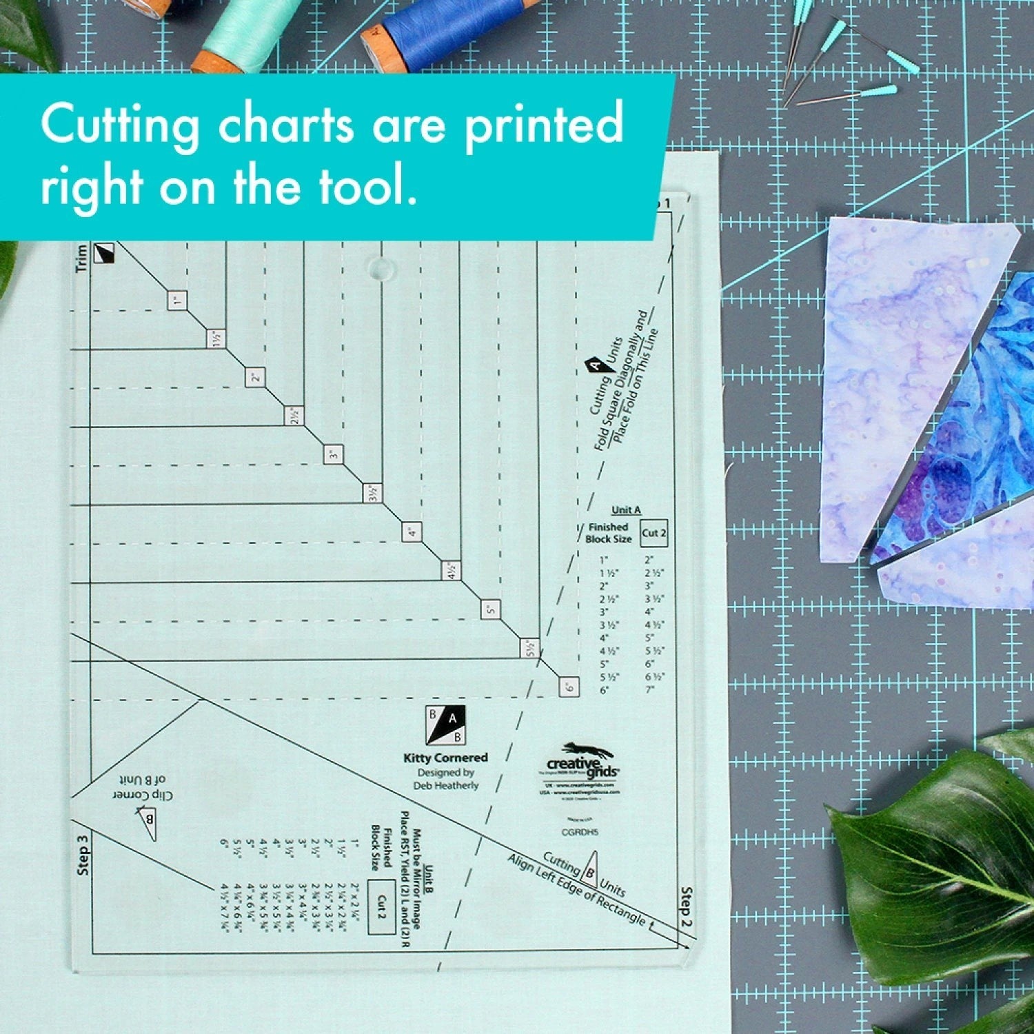Carmon's Quilt Shop Creative Grids Kitty Cornered quilting ruler, 11" x 11", clear acrylic with black markings for precise cuts.