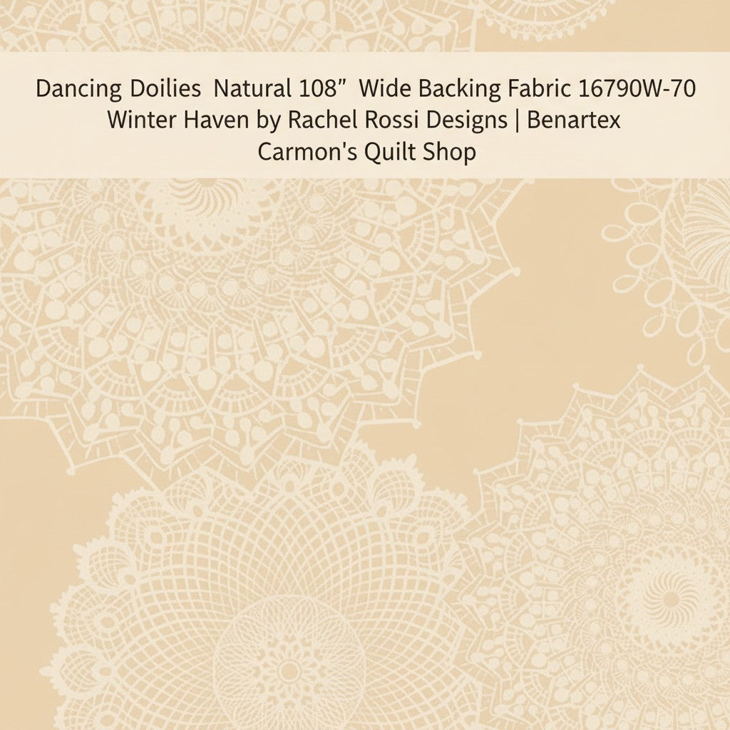 Carmon's Quilt Shop Dancing Doilies natural 108-inch wide backing fabric with an elegant decorative lace pattern.