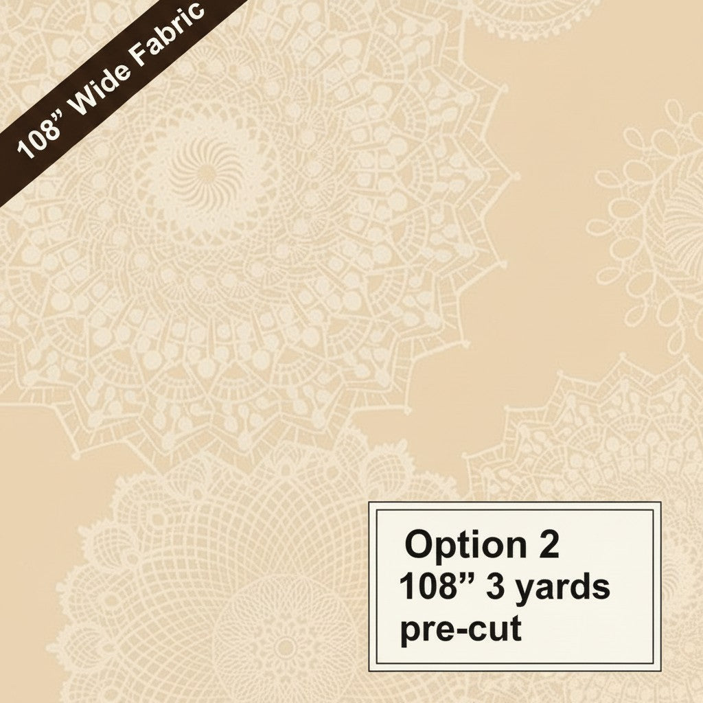 Carmon's Quilt Shop Dancing Doilies natural 108-inch wide quilt backing fabric with elegant lace-inspired patterns.
