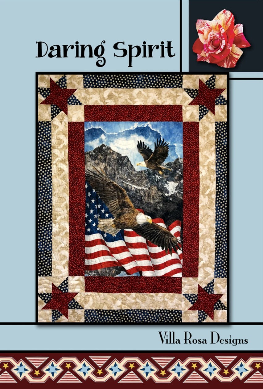 Carmon's Quilt Shop Daring Spirit quilt pattern featuring bald eagles, American flag, and stars in patriotic colors.