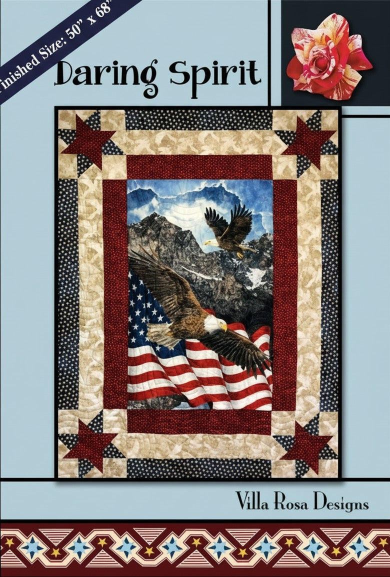 Carmon's Quilt Shop Daring Spirit quilt pattern featuring bald eagles, American flag, and star motifs in red white blue