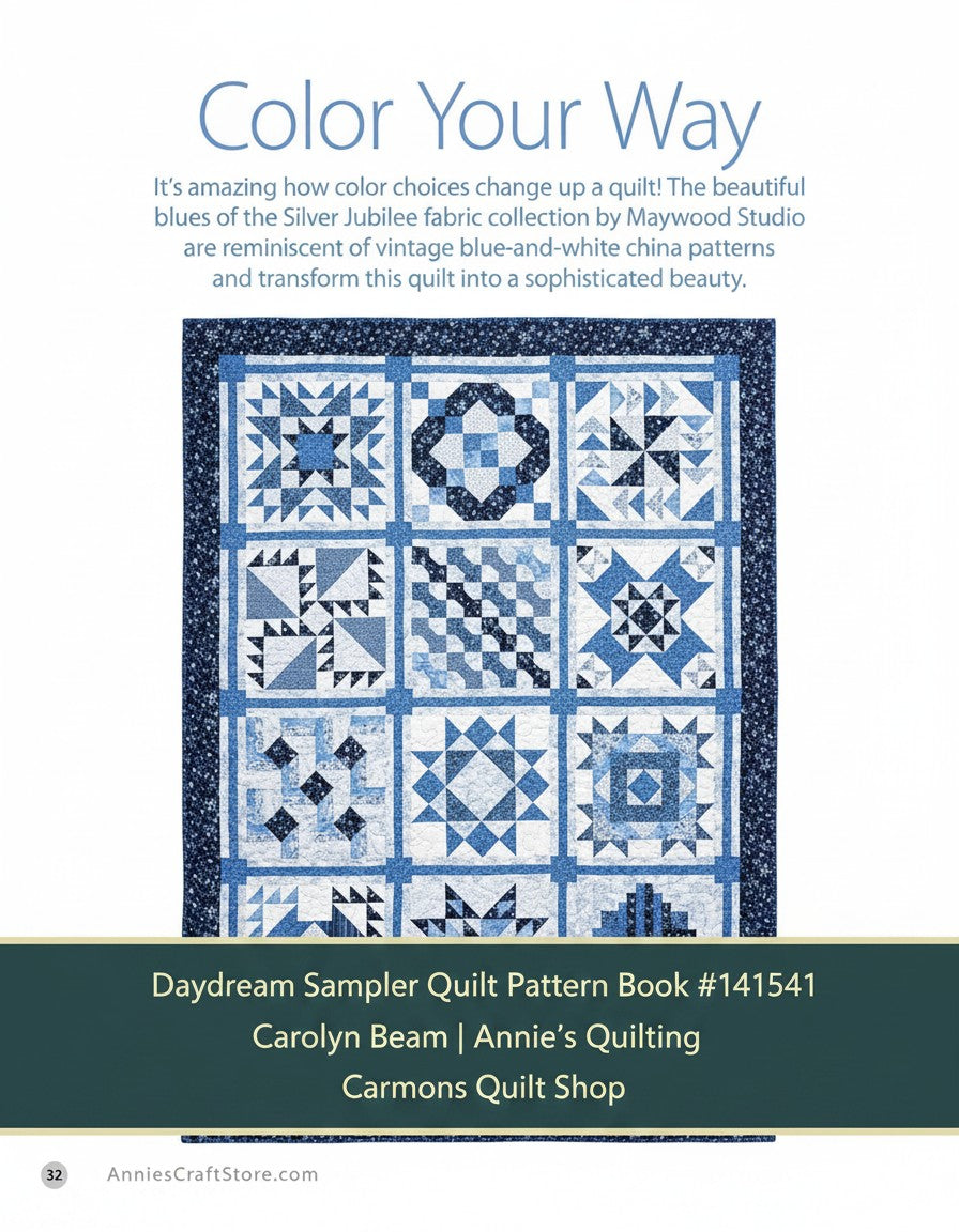 Carmon's Quilt Shop Daydream Sampler quilt pattern featuring blue and white pieced blocks in a vintage china style
