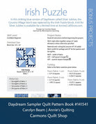 Carmon's Quilt Shop Daydream Sampler quilt pattern book page showing Irish Puzzle block instructions and materials