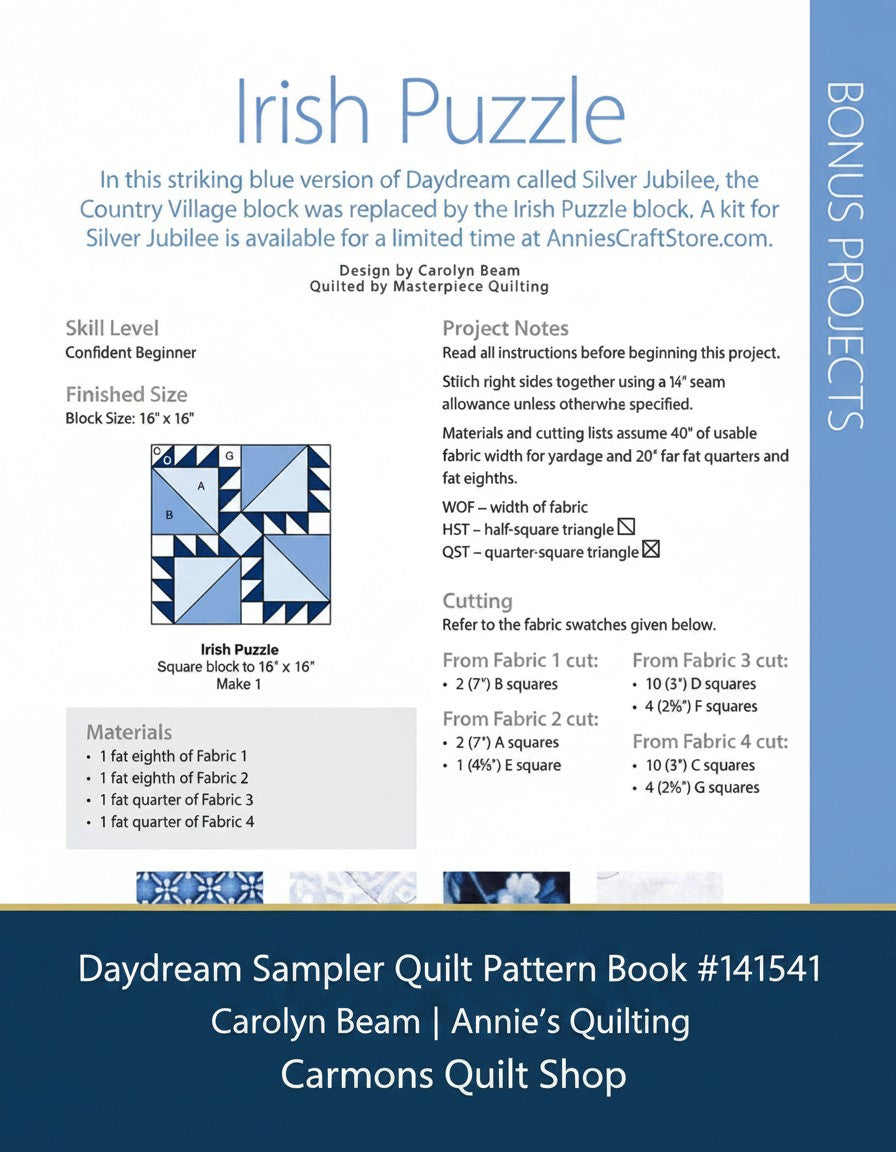 Carmon's Quilt Shop Daydream Sampler quilt pattern book page showing Irish Puzzle block instructions and materials