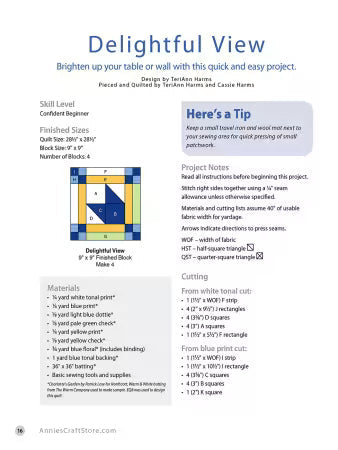 Carmon's Quilt Shop pattern page for Delightful View quilt featuring materials list and cutting instructions