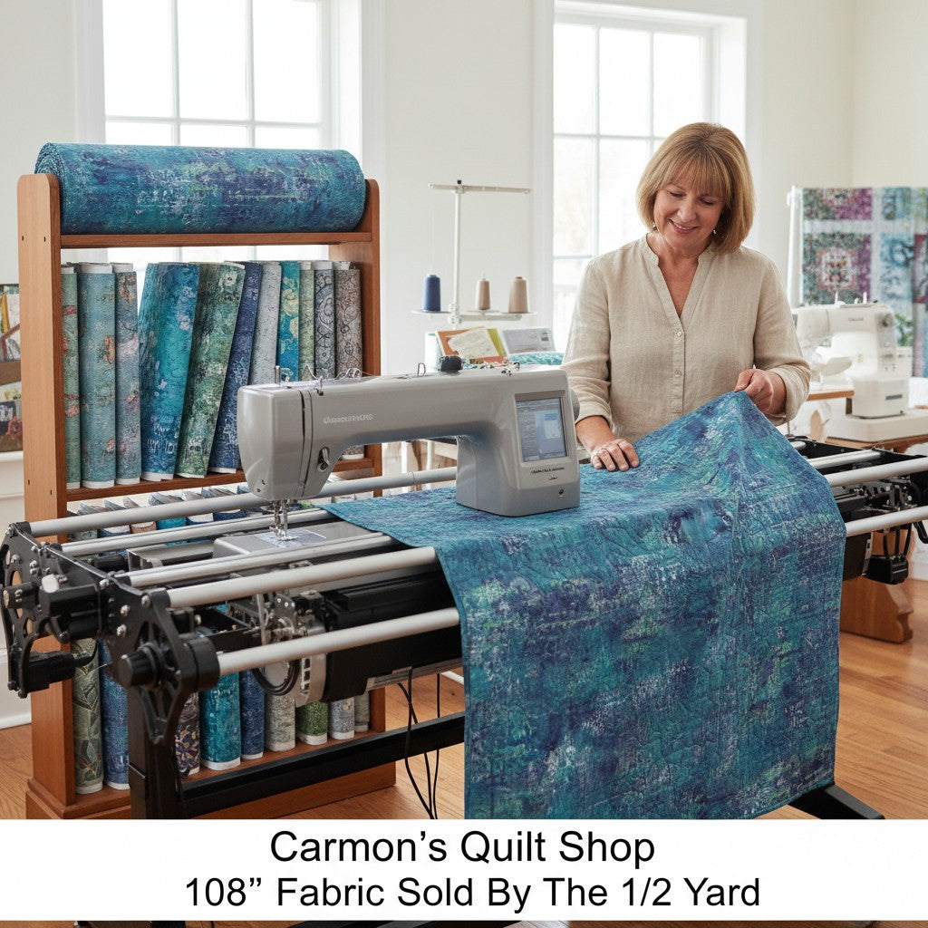 Carmon's Quilt Shop denim blue mottled 108-inch wide cotton quilting fabric on a longarm machine in a sewing studio.