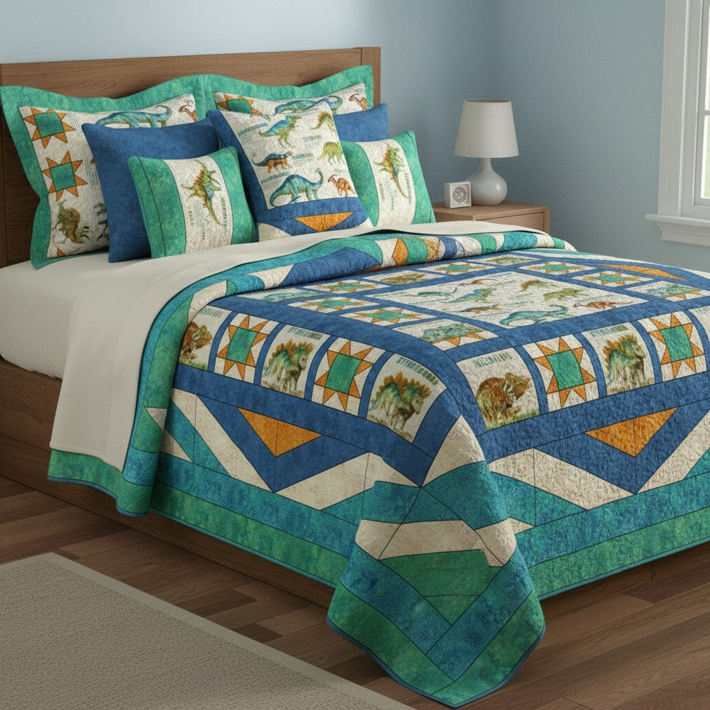 Carmon's Quilt Shop Dinosaur Adventure Quilt Kit featuring watercolor dinosaurs like T-Rex and Brachiosaurus on a cream background with blue and orange accents.