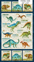 Carmon's Quilt Shop Dinosaur Adventure quilt panel fabric with watercolor dinosaurs like T-Rex, Brachiosaurus, Triceratops.