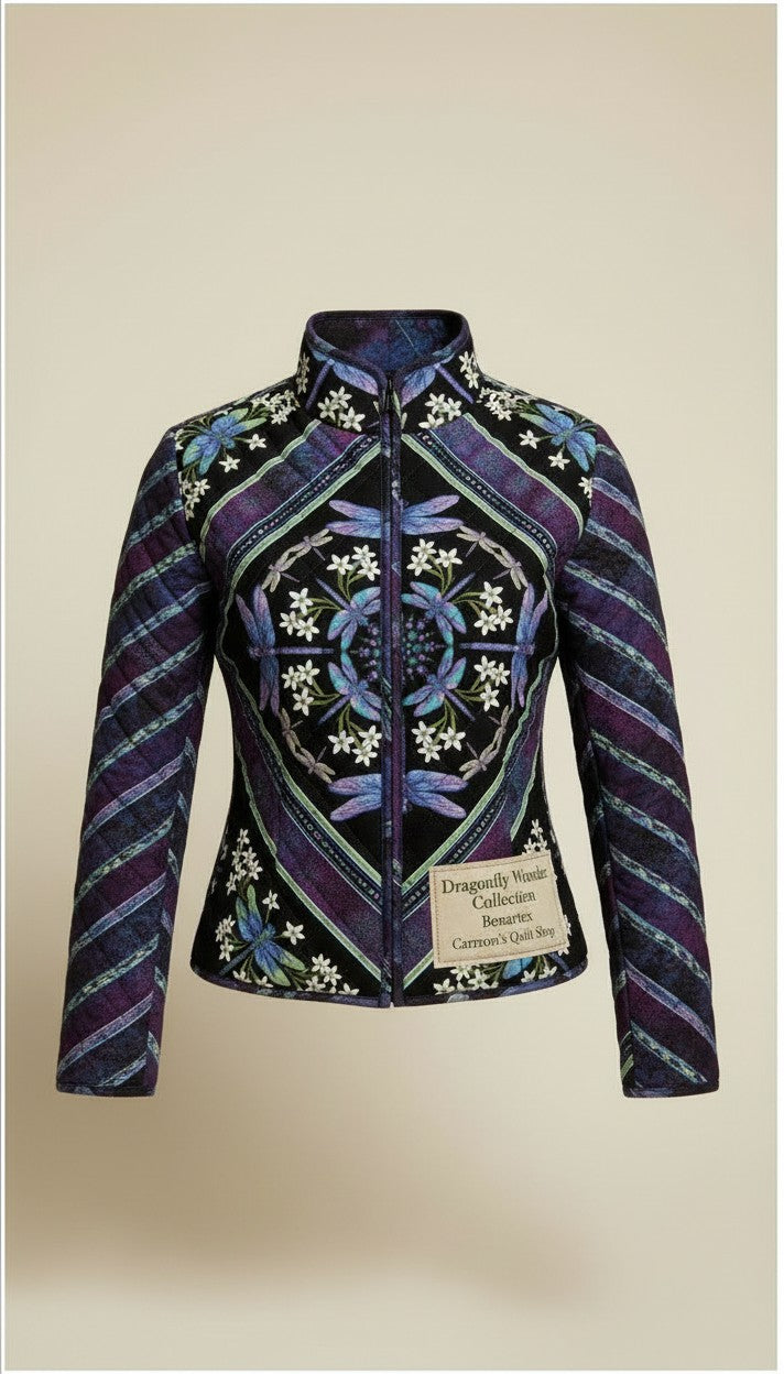 Carmon's Quilt Shop quilted jacket made from Benartex Dragonfly Wonder cotton fabric in black and plum with dragonfly motifs.