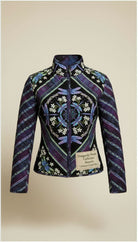 Carmon's Quilt Shop quilted jacket made from Benartex Dragonfly Wonder cotton fabric in black and plum with dragonfly motifs.