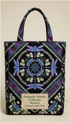 Carmon's Quilt Shop tote bag made from Benartex Dragonfly Wonder black and plum cotton fabric with dragonfly print