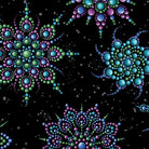 Carmon's Quilt Shop Dragonfly Wonder cotton fabric featuring vibrant teal and purple dot mandala patterns on black.