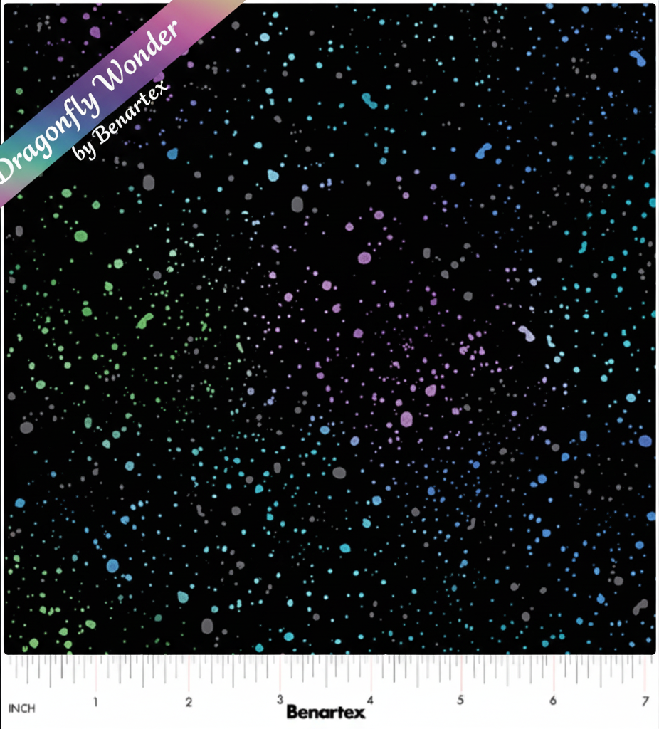 Carmon's Quilt Shop Dragonfly Wonder black cotton fabric with multi-colored paint splatter design by Benartex