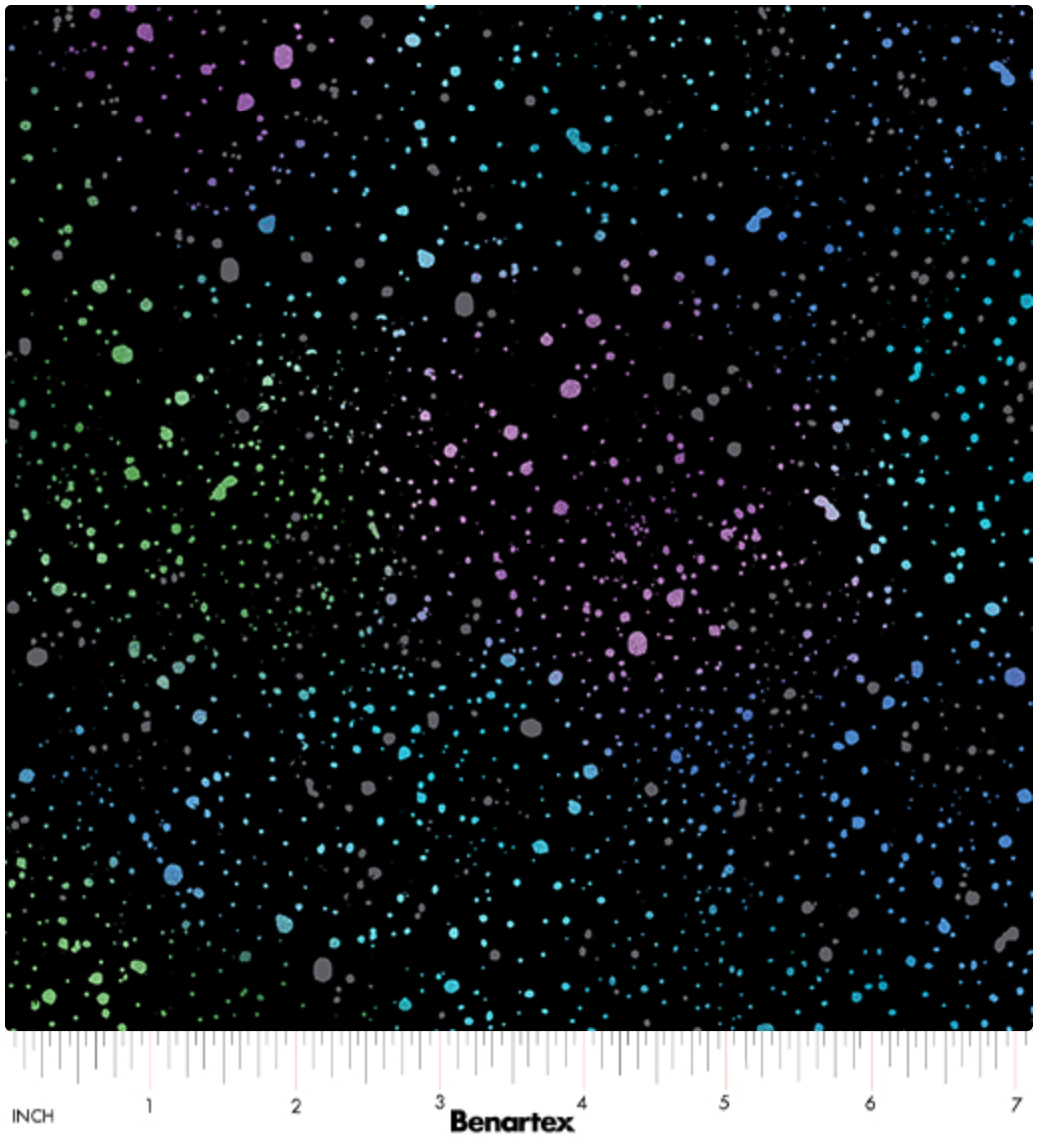 Carmon's Quilt Shop Dragonfly Wonder black cotton fabric with multi-colored spatter print by Benartex