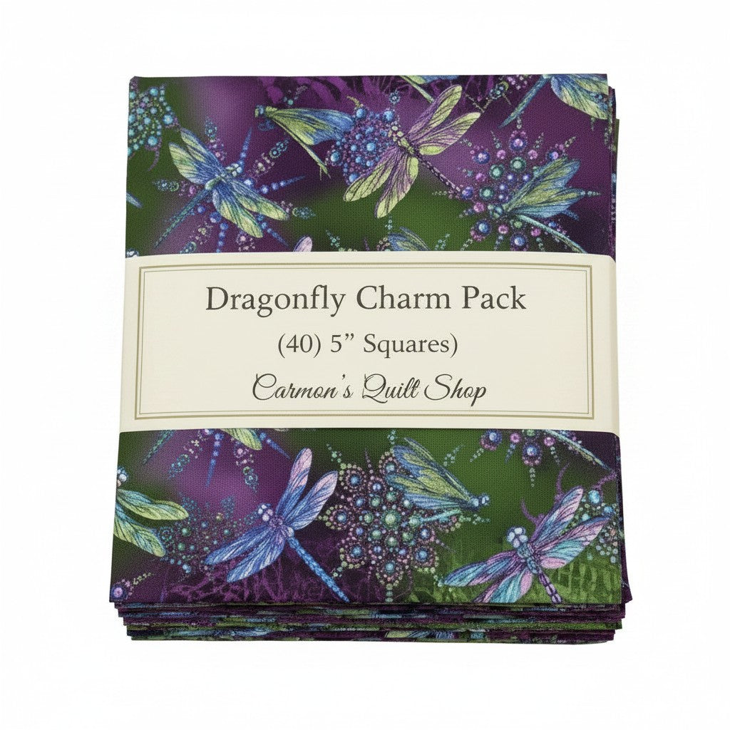 Carmon's Quilt Shop Dragonfly Wonder charm pack with 40 purple and green 5-inch cotton quilting fabric squares.