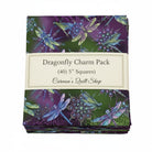 Carmon's Quilt Shop Dragonfly Wonder charm pack with 40 purple and green 5-inch cotton quilting fabric squares.