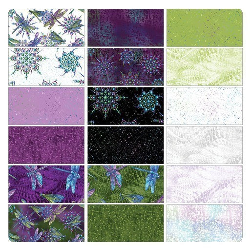 Carmon's Quilt Shop Dragonfly Wonder charm pack featuring 40 cotton fabric squares with dragonfly and floral prints.