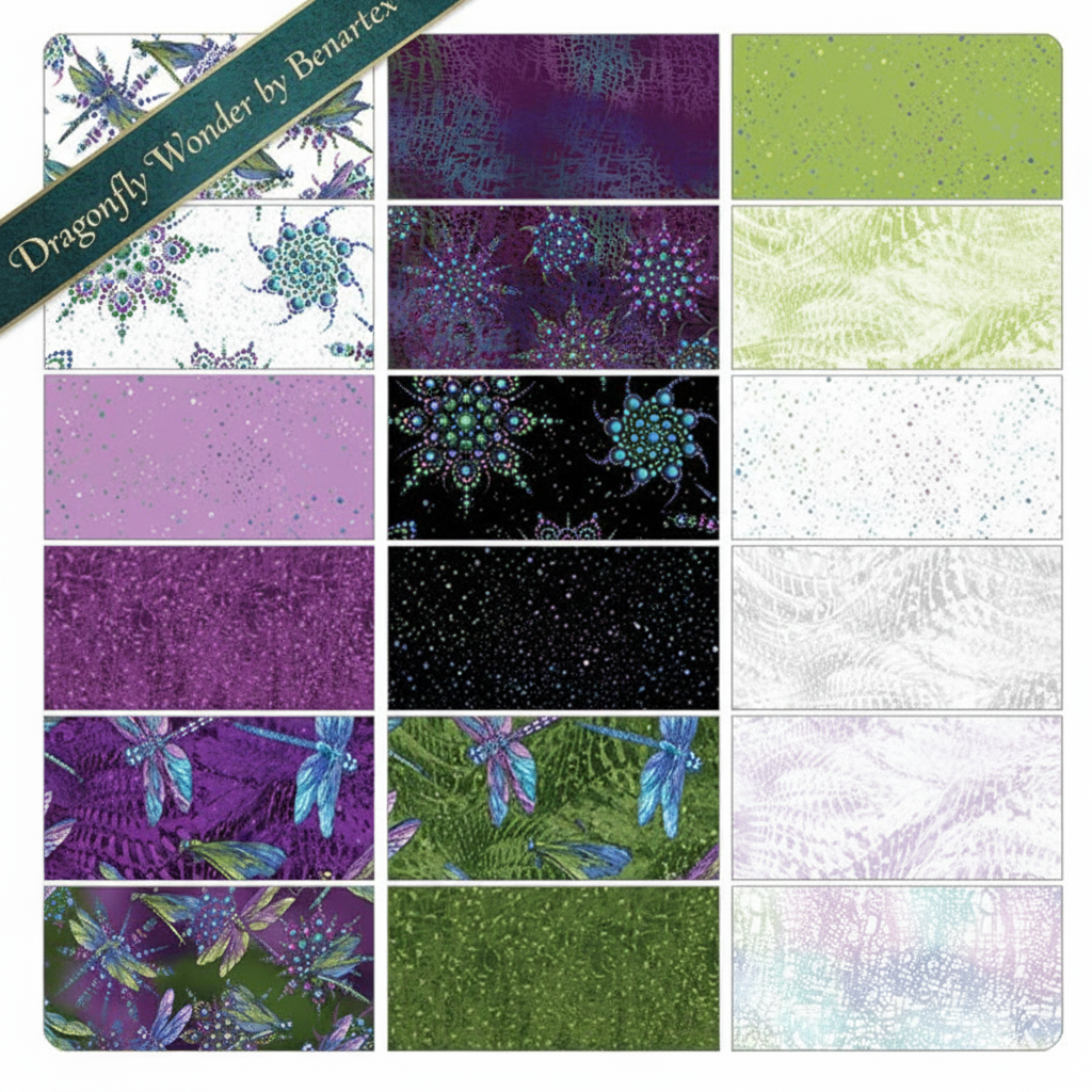 Carmon's Quilt Shop Dragonfly Wonder quilting fabric collection by Benartex featuring purple and green dragonfly prints