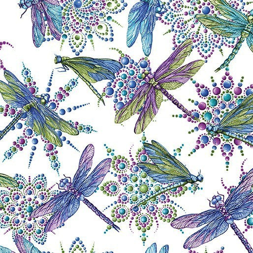 Carmon's Quilt Shop Dragonfly Wonder cotton fabric featuring vibrant dragonflies and jewel-toned mandala patterns.