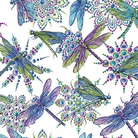Carmon's Quilt Shop Dragonfly Wonder cotton fabric featuring vibrant dragonflies and jewel-toned mandala patterns.